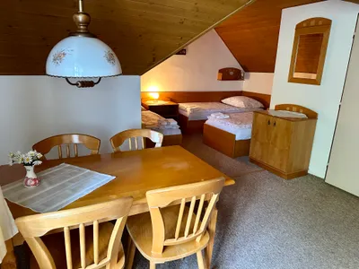 Penzion U Roušarů - Pokoj č.5: Třílůžkový pokoj s vlastním sociálním zařízením.